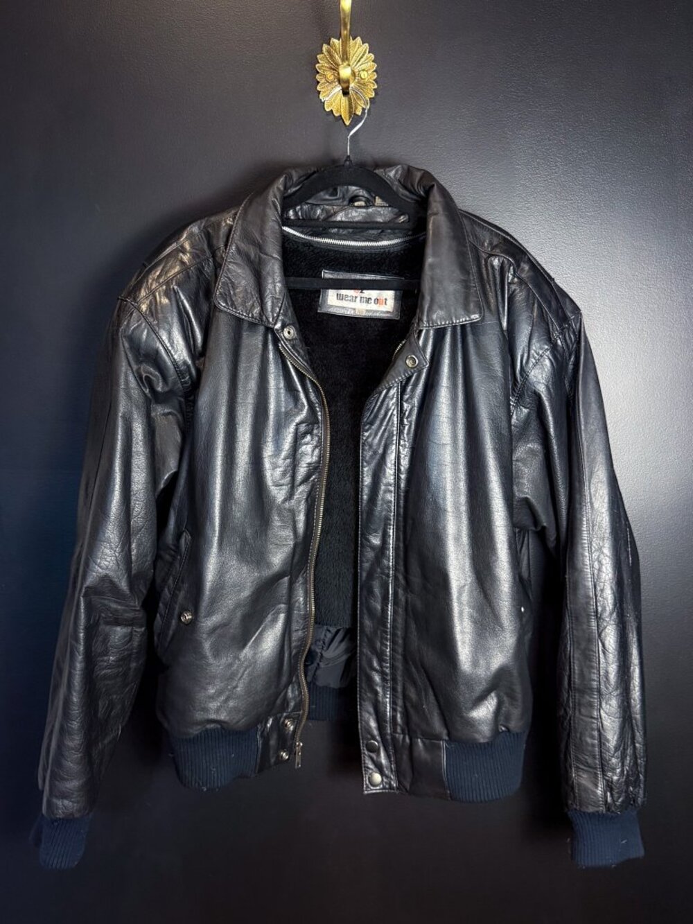 Vintage Black Leather Bomber with Removable Faux-Fur Lining